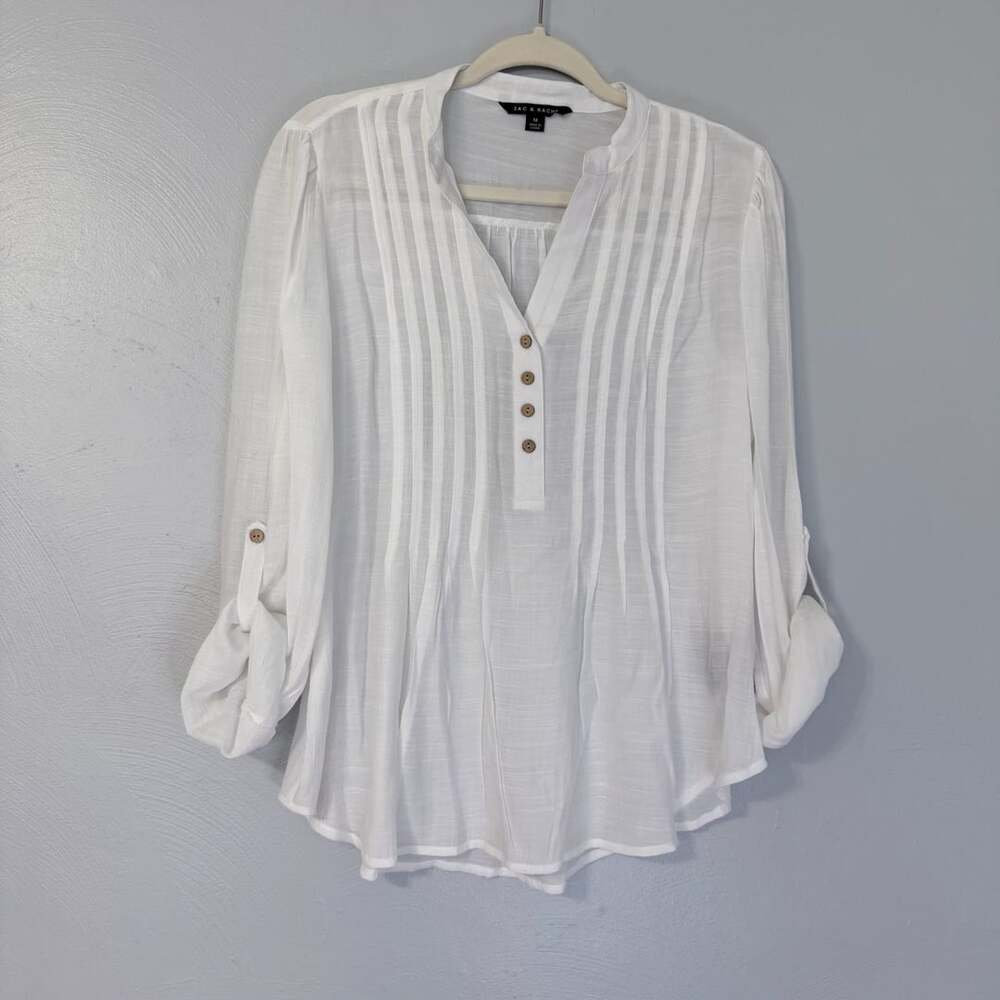 Women's 3/4 Sleeve White Blouse with Henley Collar and Pintucking Detail Size M